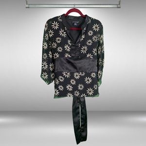 St Tropez West Black and Tan Flower Sheer Kimono Shirt w Satin Sash